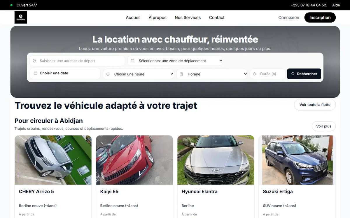 Capture du site public BabiRide présentant la location de véhicules avec chauffeur