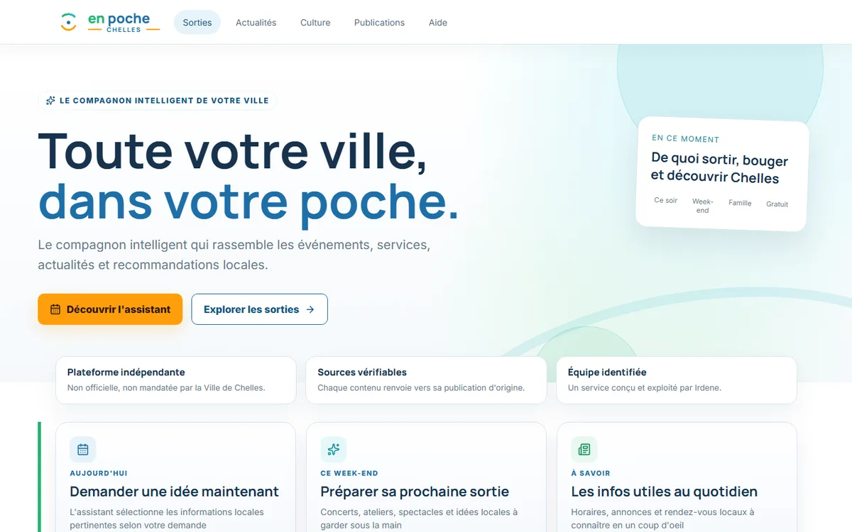 Capture de la page d'accueil du service Chelles en Poche